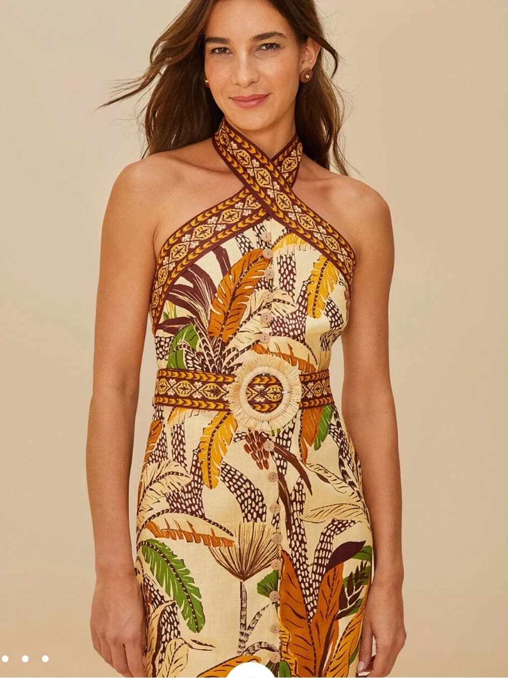 Farm Rio Sand Foliage Sketch Euroflex Premium Linen Mini Dress Size M NWT - Picture 4 of 9